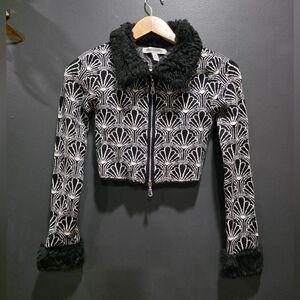 URBAN OUTFITTERS Uo Hallie Faux Fur-trim Jacquard Cardigan Size Small Crop